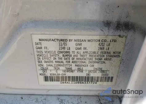 2006 Nissan Altima 2.5 S z USA, uszkodzony, nr VIN 1N4AL11D96N337724